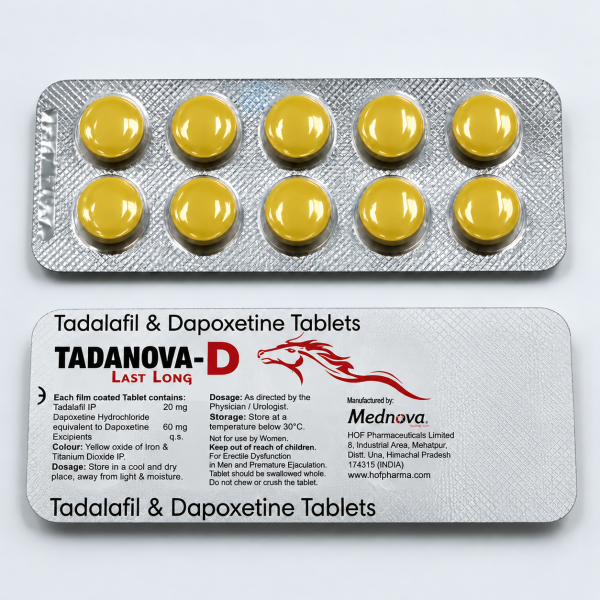 Tadanova D | Дапоксетин 60 мг + Тадалафіл 20 мг | Міцна ерекція + Подовження акту
